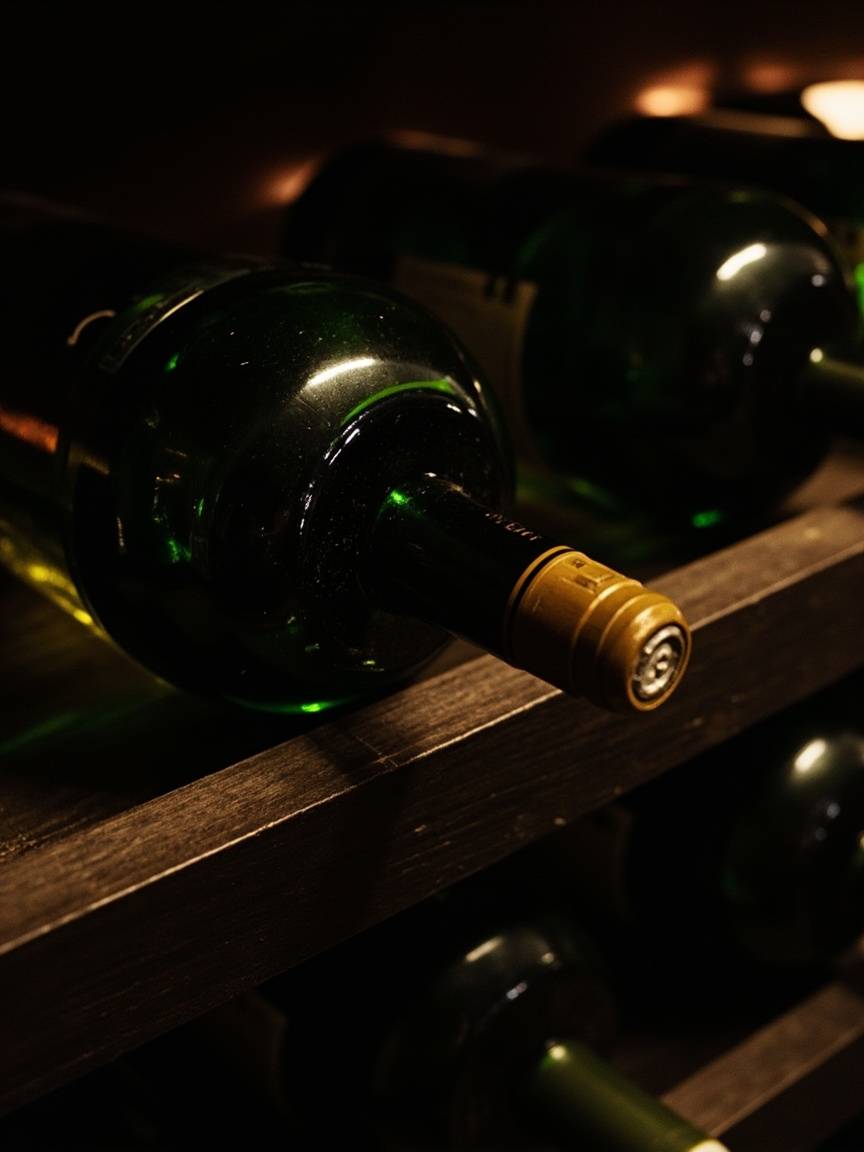 Bouteilles couchées sur l’étagère de chêne de la cave