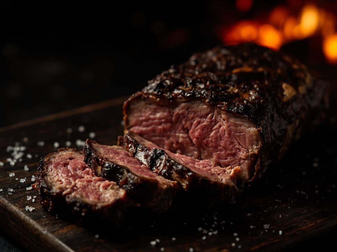 Côte de bœuf tranchée sur planche de bois, gros sel