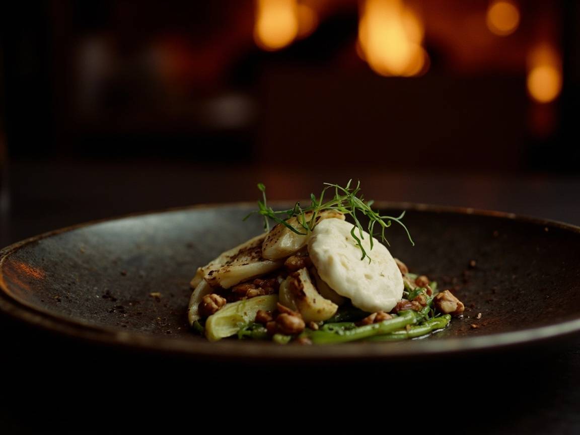 Burrata aux poireaux grillés sur assiette sombre